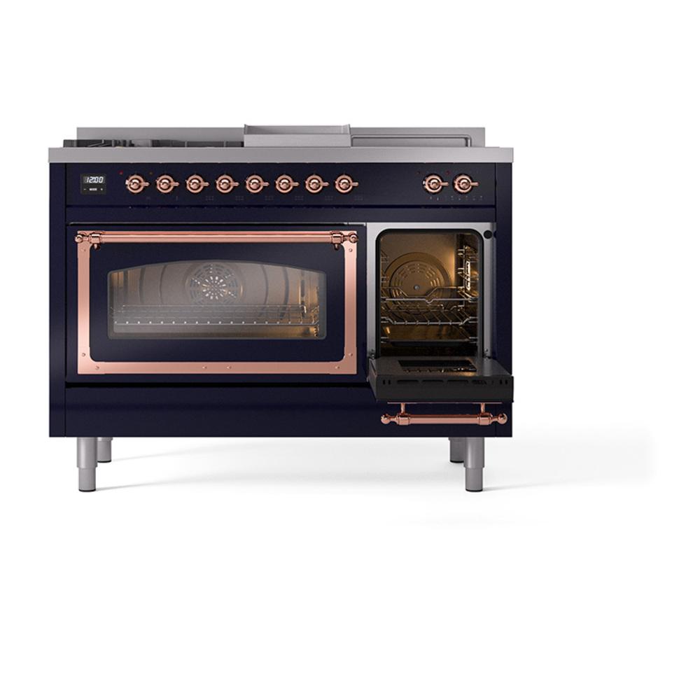 Ilve UN48FSNMPMBPLP Ilve Un48Fsnmpmbplp Nostalgie Ii Noblesse 48" Dual Fuel Range (5 Sealed Burners + Griddle + French Top, Liquid Propane, Triple Glass Door, Midnight Blue, Copper)