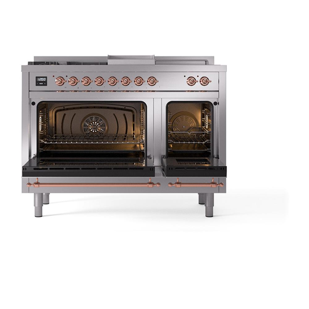 Ilve UN48FSQNMPSSP Ilve Un48Fsqnmpssp Nostalgie Ii Noblesse 48" Dual Fuel Range (5 Sealed Burners + Griddle + French Top, Natural Gas, Solid Door, Stainless Steel, Copper)