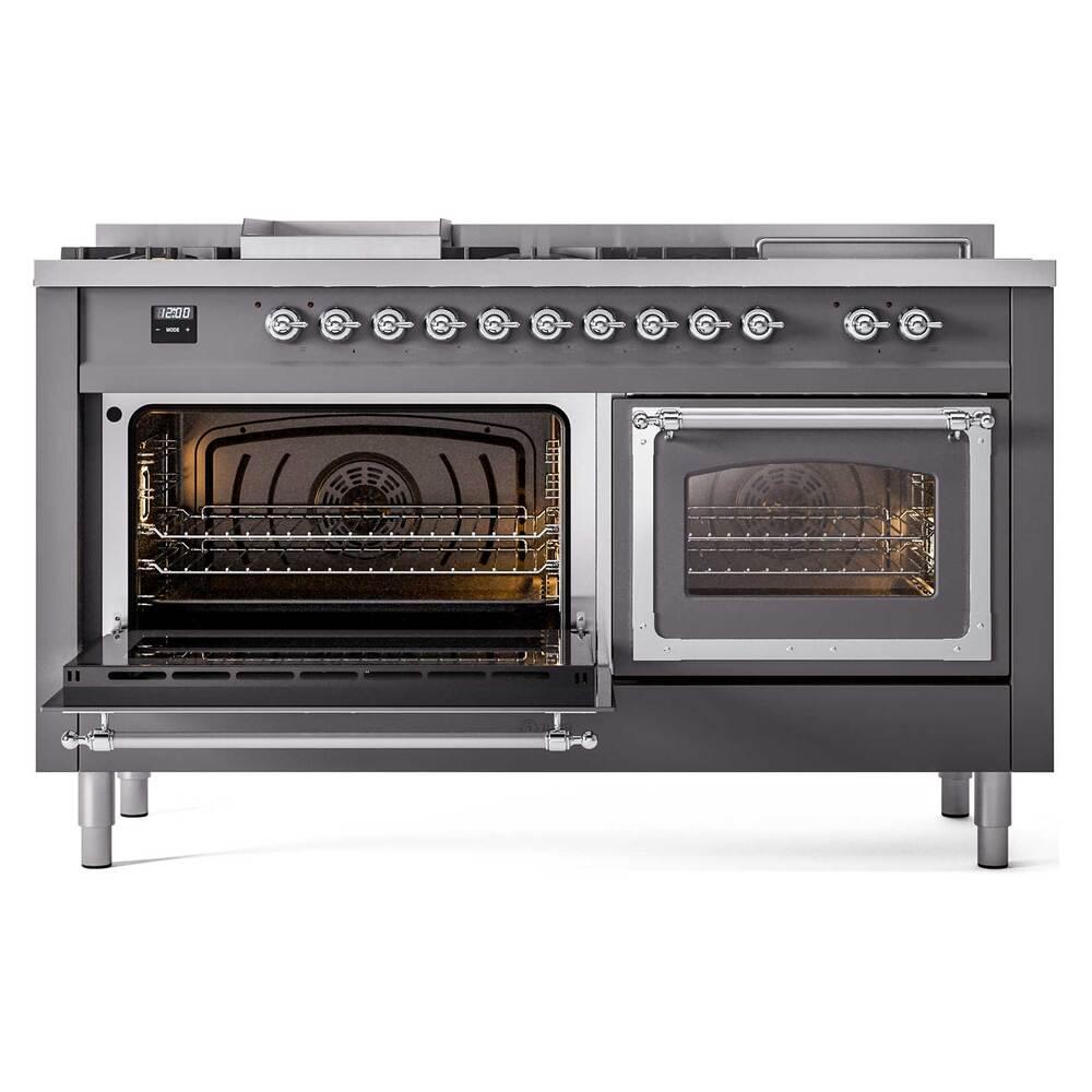 Ilve UN60FSNMPMGCLP Ilve Un60Fsnmpmgclp Nostalgie Ii Noblesse 60" Dual Fuel Range (7 Sealed Burners + Griddle + French Top, Liquid Propane, Triple Glass Door, Graphite Matte, Chrome)