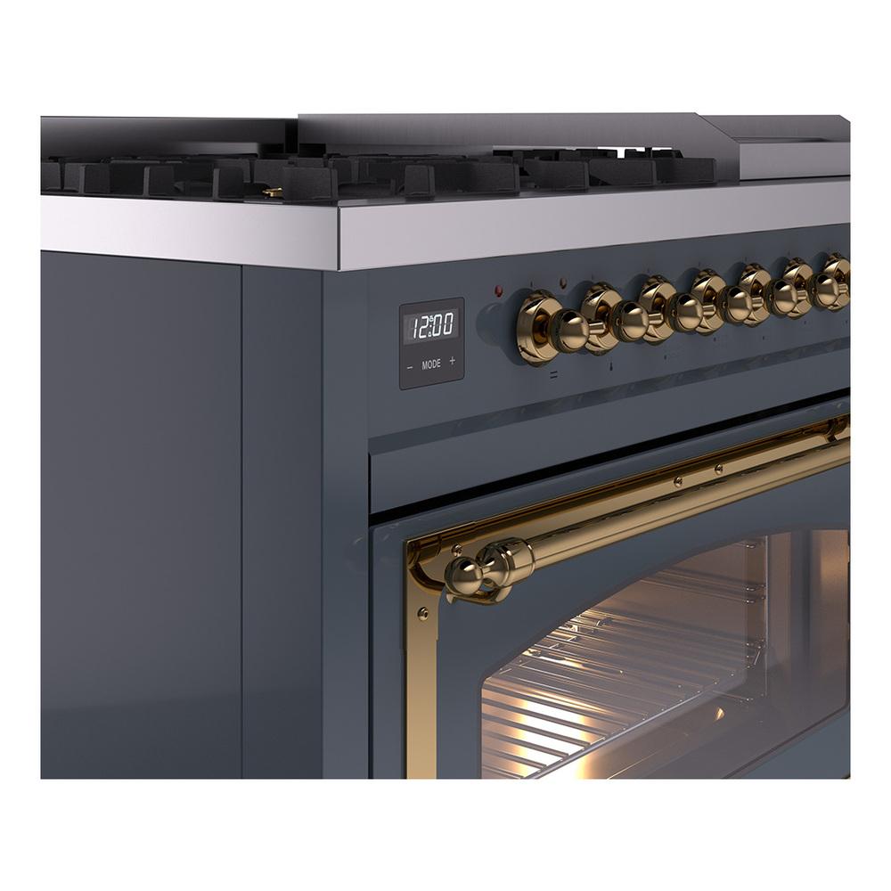 Ilve UN48FNMPBGGLP Ilve Un48Fnmpbgglp Nostalgie Ii Noblesse 48" Dual Fuel Range (8 Sealed Burners + Griddle, Liquid Propane, Triple Glass Door, Blue Grey, Brass)