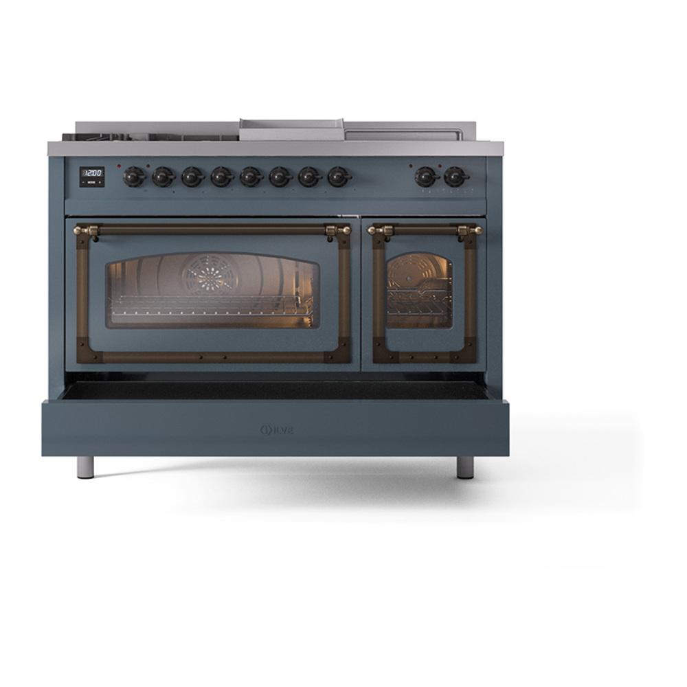 Ilve UN48FSNMPBGBLP Ilve Un48Fsnmpbgblp Nostalgie Ii Noblesse 48" Dual Fuel Range (5 Sealed Burners + Griddle + French Top, Liquid Propane, Triple Glass Door, Blue Grey, Burnished)