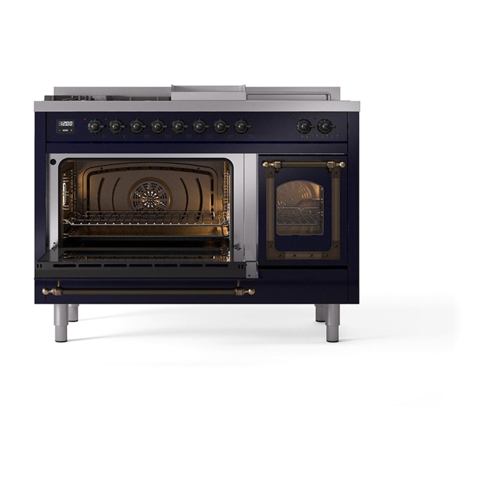 Ilve UN48FSNMPMBBLP Ilve Un48Fsnmpmbblp Nostalgie Ii Noblesse 48" Dual Fuel Range (5 Sealed Burners + Griddle + French Top, Liquid Propane, Triple Glass Door, Midnight Blue, Burnished)