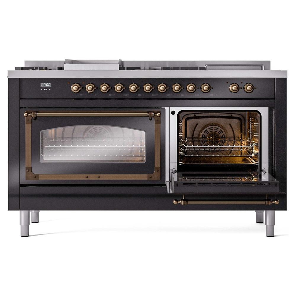 Ilve UN60FSNMPBKB Ilve Un60Fsnmpbkb Nostalgie Ii Noblesse 60" Dual Fuel Range (7 Sealed Burners + Griddle + French Top, Natural Gas, Triple Glass Door, Glossy Black, Burnished)