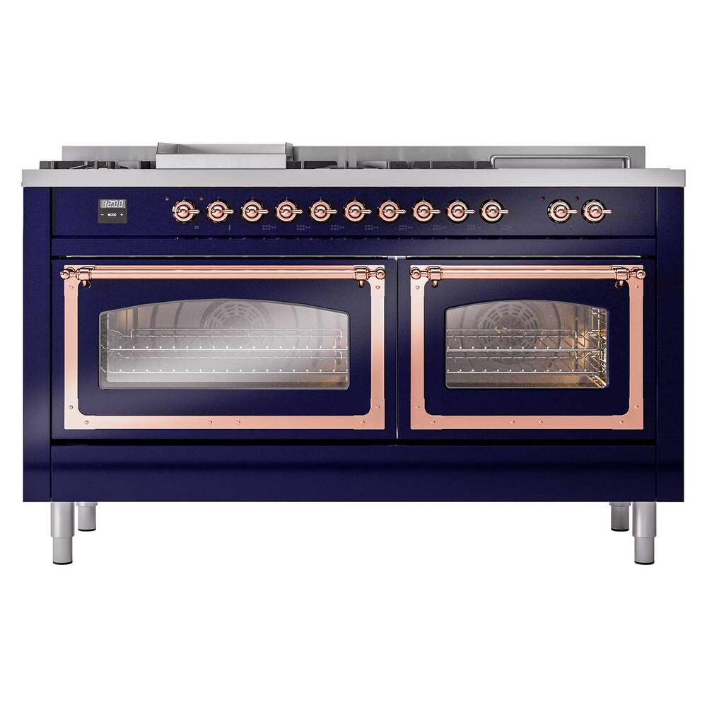 Ilve UN60FSNMPMBPLP Ilve Un60Fsnmpmbplp Nostalgie Ii Noblesse 60" Dual Fuel Range (7 Sealed Burners + Griddle + French Top, Liquid Propane, Triple Glass Door, Midnight Blue, Copper)