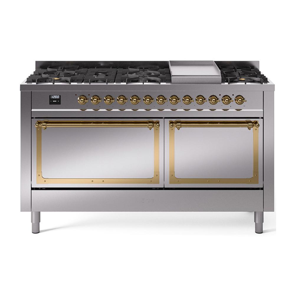 Ilve UN60FQNMPSSG Ilve Un60Fqnmpssg Nostalgie Ii Noblesse 60" Dual Fuel Range (9 Sealed Burners + Griddle, Natural Gas, Solid Door, Stainless Steel, Brass)