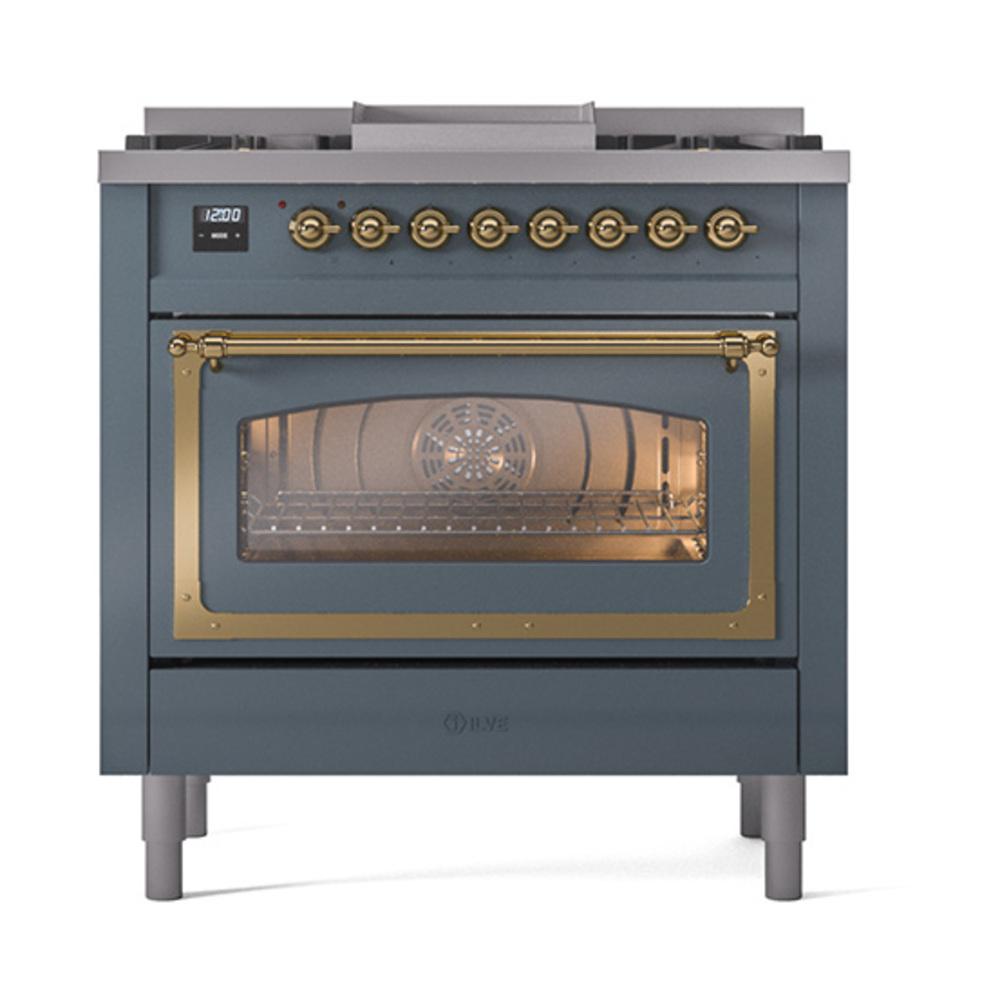 Ilve UN36FNMPBGG Ilve Un36Fnmpbgg Nostalgie Ii Noblesse 36" Dual Fuel Range (Natural Gas, Triple Glass Door, Blue Grey, Brass)