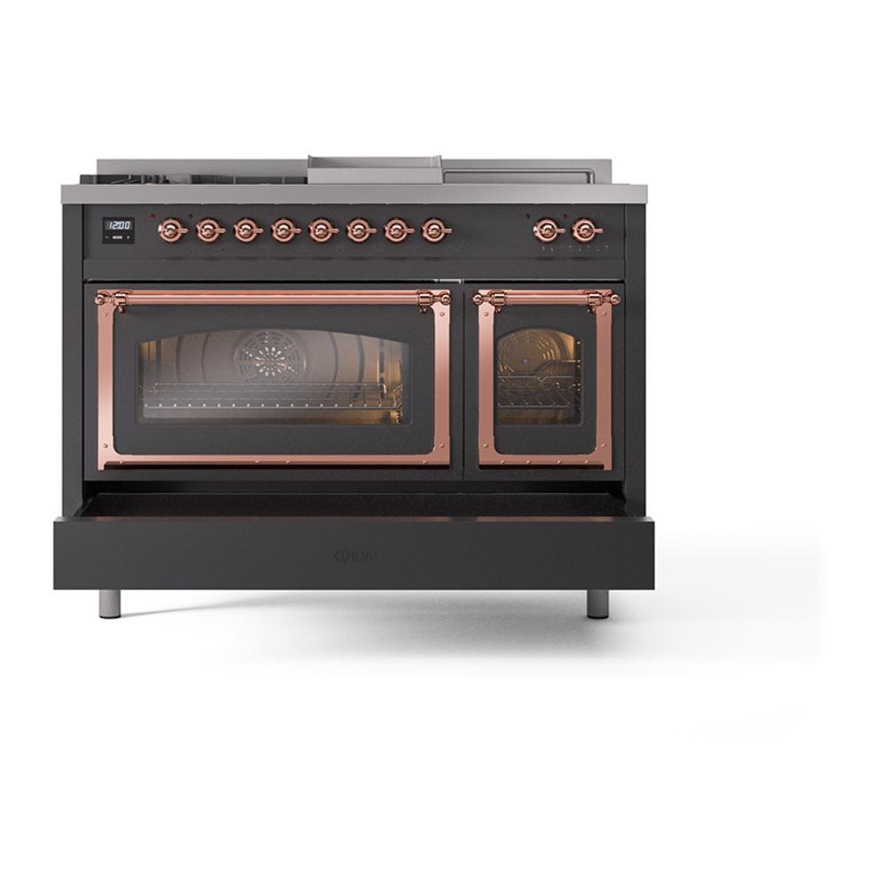 Ilve UN48FSNMPMGPLP Ilve Un48Fsnmpmgplp Nostalgie Ii Noblesse 48" Dual Fuel Range (5 Sealed Burners + Griddle + French Top, Liquid Propane, Triple Glass Door, Graphite Matte, Copper)