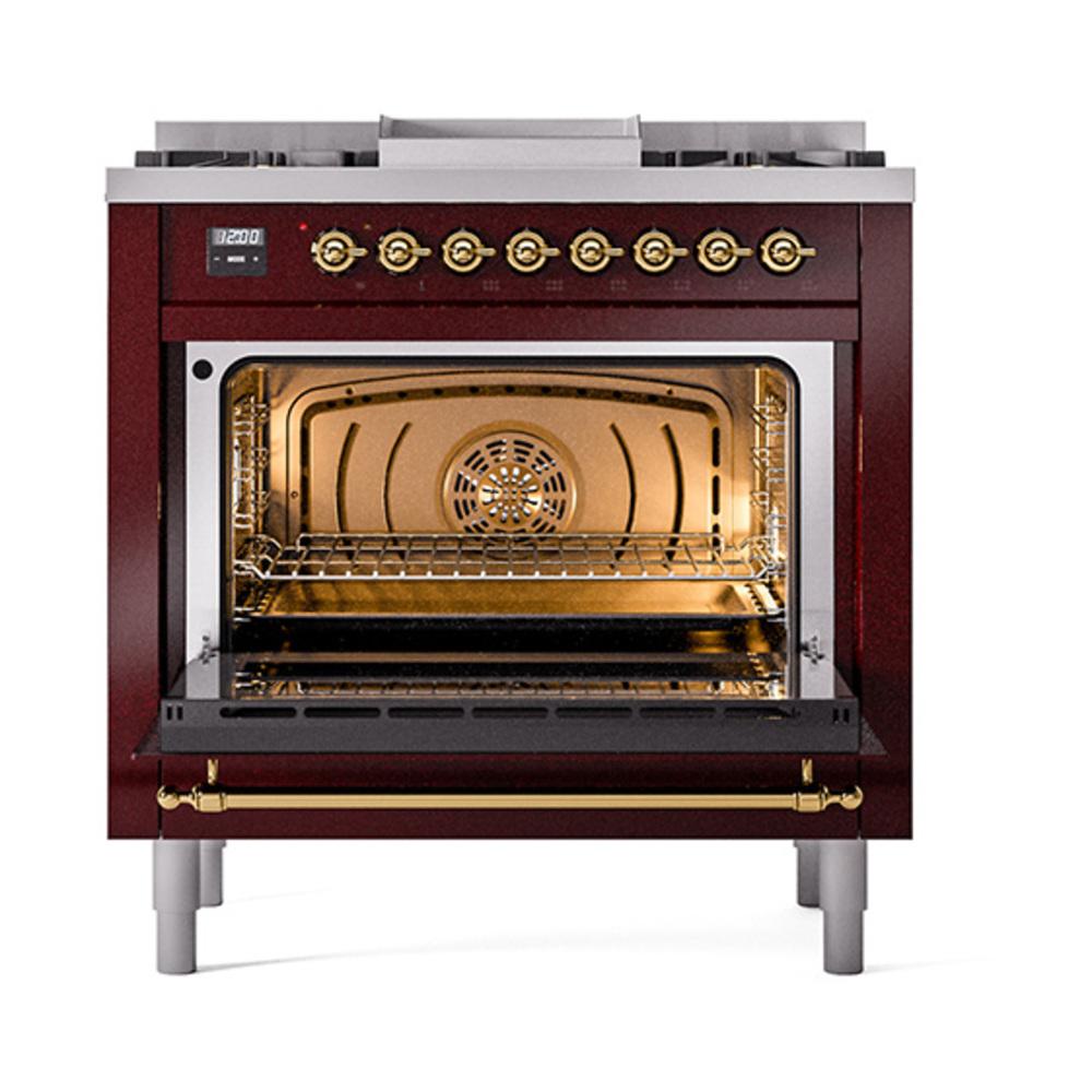 Ilve UN36FNMPBUGLP Ilve Un36Fnmpbuglp Nostalgie Ii Noblesse 36" Dual Fuel Range (Liquid Propane, Triple Glass Door, Burgundy, Brass)