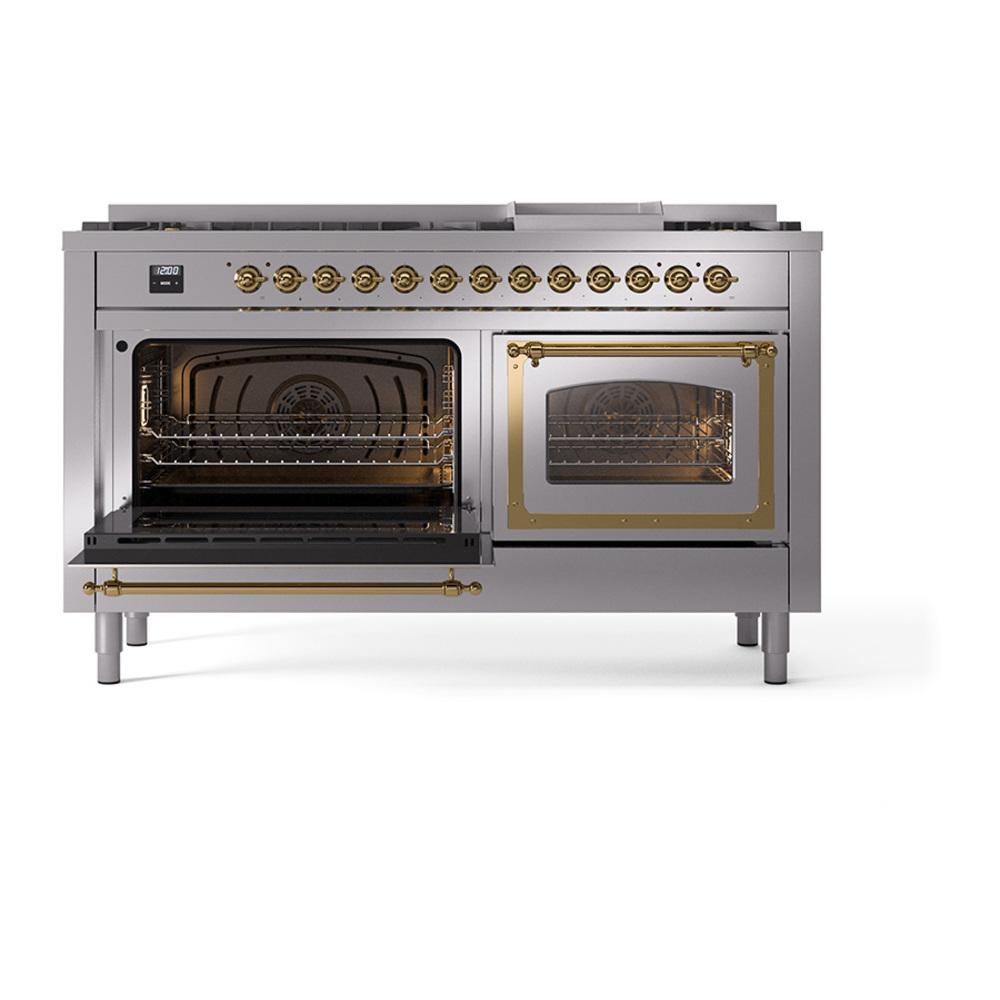 Ilve UN60FNMPSSGLP Ilve Un60Fnmpssglp Nostalgie Ii Noblesse 60" Dual Fuel Range (9 Sealed Burners + Griddle, Liquid Propane, Triple Glass Door, Stainless Steel, Brass)
