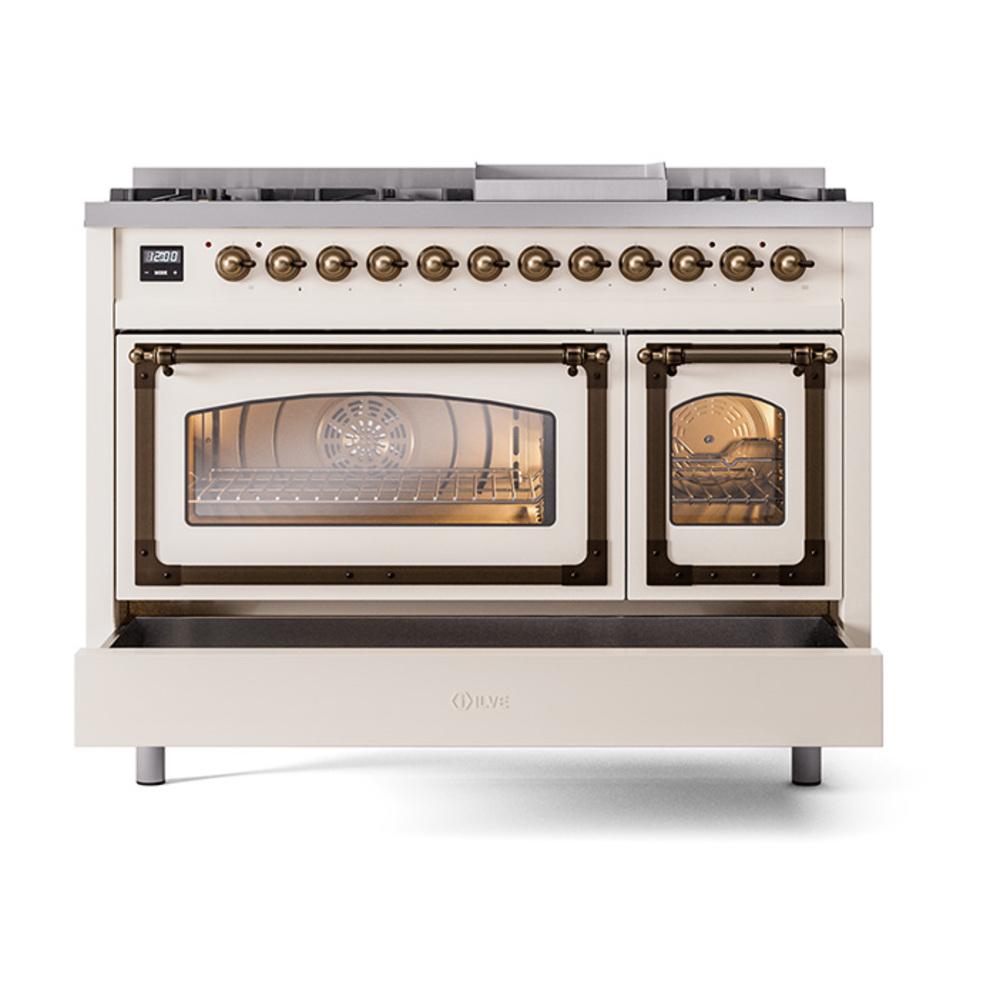 Ilve UN48FNMPAWB Ilve Un48Fnmpawb Nostalgie Ii Noblesse 48" Dual Fuel Range (8 Sealed Burners + Griddle, Natural Gas, Triple Glass Door, Antique White, Burnished)