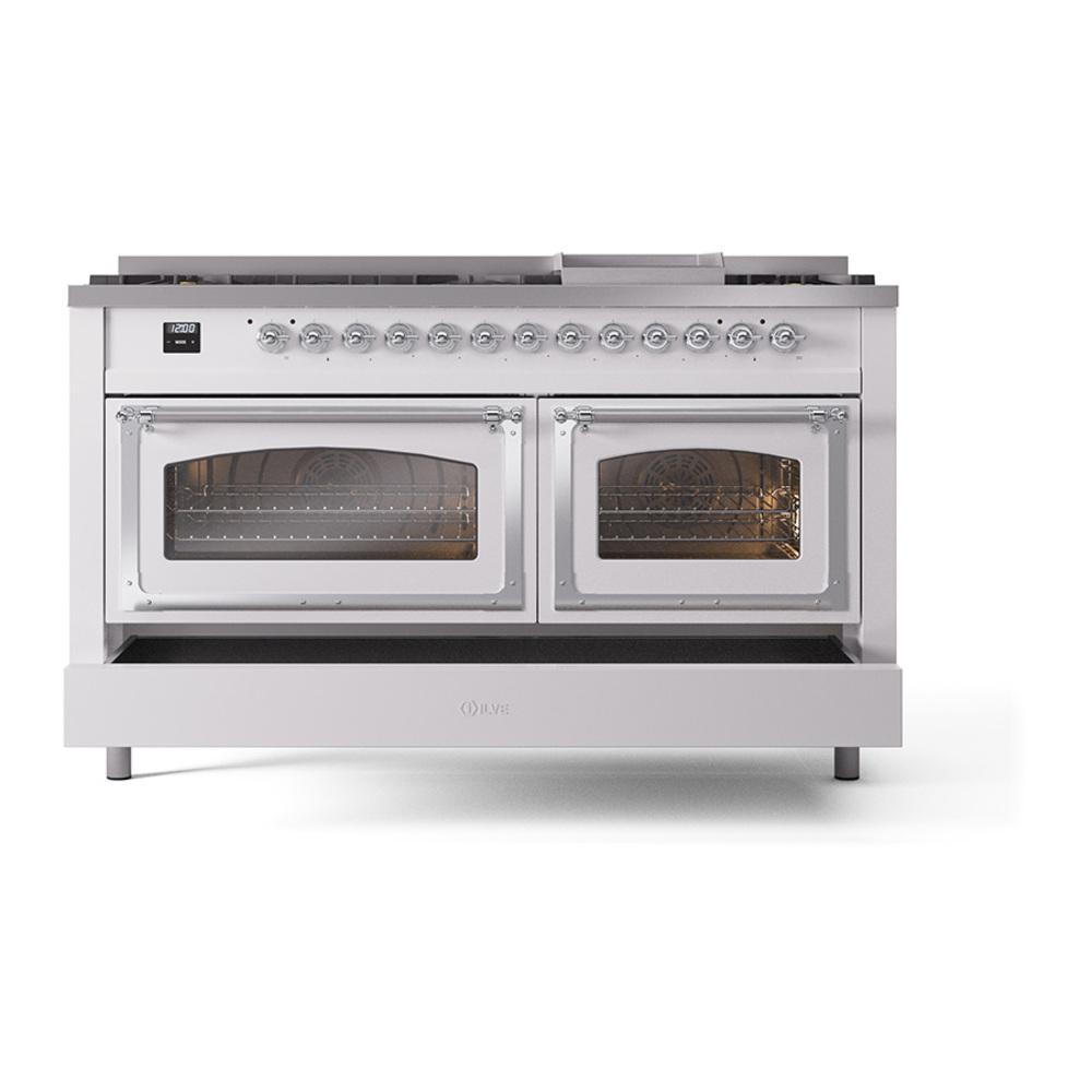 Ilve UN60FNMPWHCLP Ilve Un60Fnmpwhclp Nostalgie Ii Noblesse 60" Dual Fuel Range (9 Sealed Burners + Griddle, Liquid Propane, Triple Glass Door, White, Chrome)