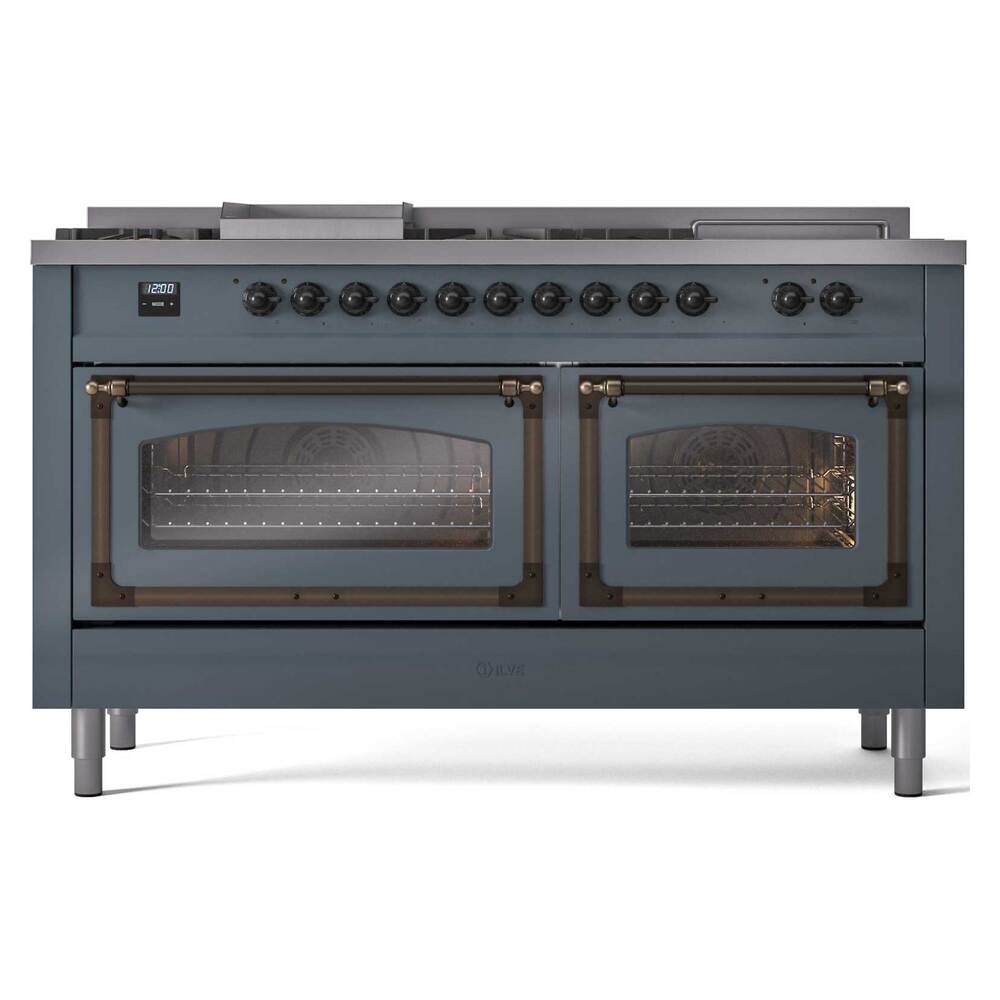 Ilve UN60FSNMPBGB Ilve Un60Fsnmpbgb Nostalgie Ii Noblesse 60" Dual Fuel Range (7 Sealed Burners + Griddle + French Top, Natural Gas, Triple Glass Door, Blue Grey, Burnished)