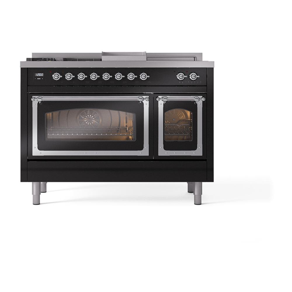 Ilve UN48FSNMPBKC Ilve Un48Fsnmpbkc Nostalgie Ii Noblesse 48" Dual Fuel Range (5 Sealed Burners + Griddle + French Top, Natural Gas, Triple Glass Door, Glossy Black, Chrome)