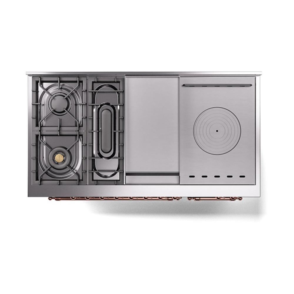 Ilve UN48FSQNMPMGP Ilve Un48Fsqnmpmgp Nostalgie Ii Noblesse 48" Dual Fuel Range (5 Sealed Burners + Griddle + French Top, Natural Gas, Solid Door, Graphite Matte, Copper)