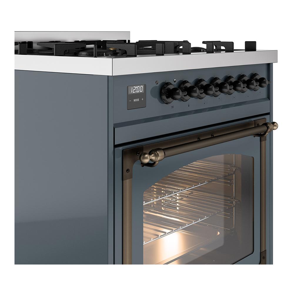 Ilve UN30NMPBGB Ilve Un30Nmpbgb Nostalgie Ii Noblesse 30" Dual Fuel Range (Natural Gas, Triple Glass Door, Blue Grey, Burnished)