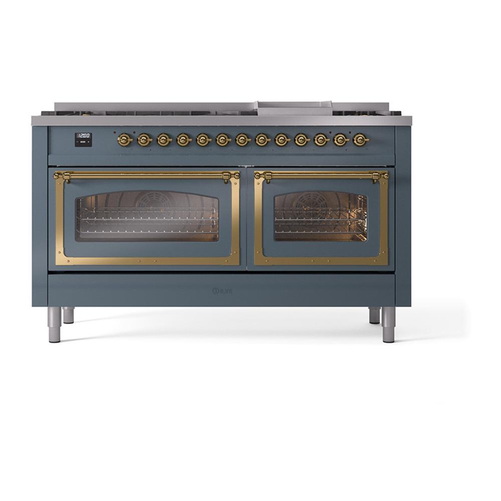 Ilve UN60FNMPBGGLP Ilve Un60Fnmpbgglp Nostalgie Ii Noblesse 60" Dual Fuel Range (9 Sealed Burners + Griddle, Liquid Propane, Triple Glass Door, Blue Grey, Brass)