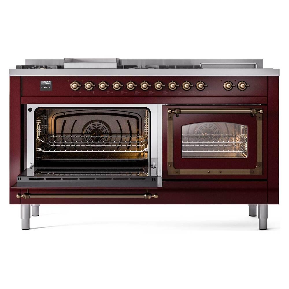 Ilve UN60FSNMPBUB Ilve Un60Fsnmpbub Nostalgie Ii Noblesse 60" Dual Fuel Range (7 Sealed Burners + Griddle + French Top, Natural Gas, Triple Glass Door, Burgundy, Burnished)