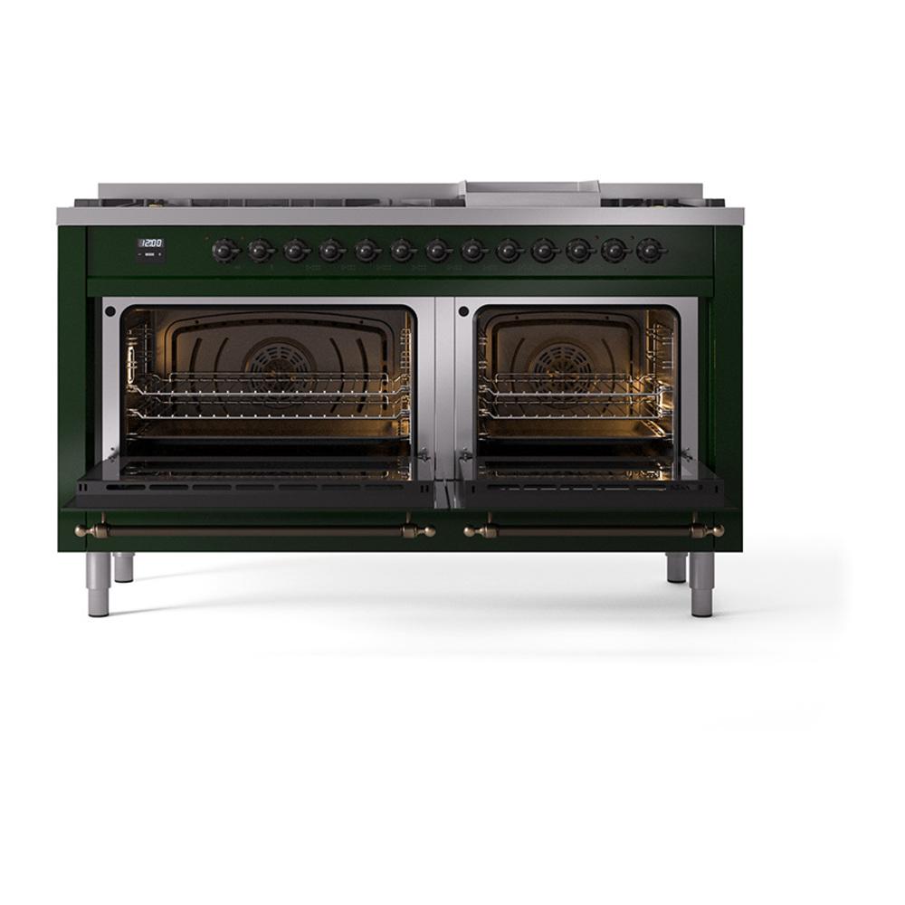 Ilve UN60FNMPEGB Ilve Un60Fnmpegb Nostalgie Ii Noblesse 60" Dual Fuel Range (9 Sealed Burners + Griddle, Natural Gas, Triple Glass Door, Emerald Green, Burnished)