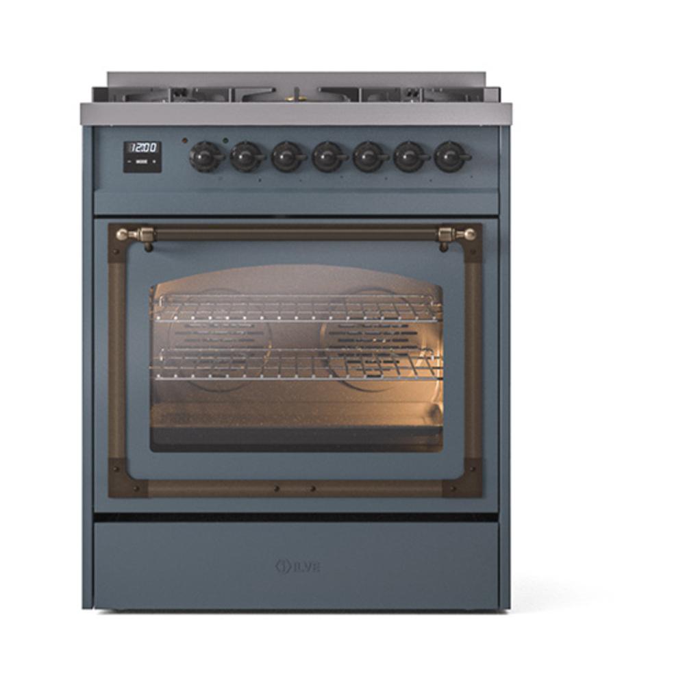 Ilve UN30NMPBGB Ilve Un30Nmpbgb Nostalgie Ii Noblesse 30" Dual Fuel Range (Natural Gas, Triple Glass Door, Blue Grey, Burnished)