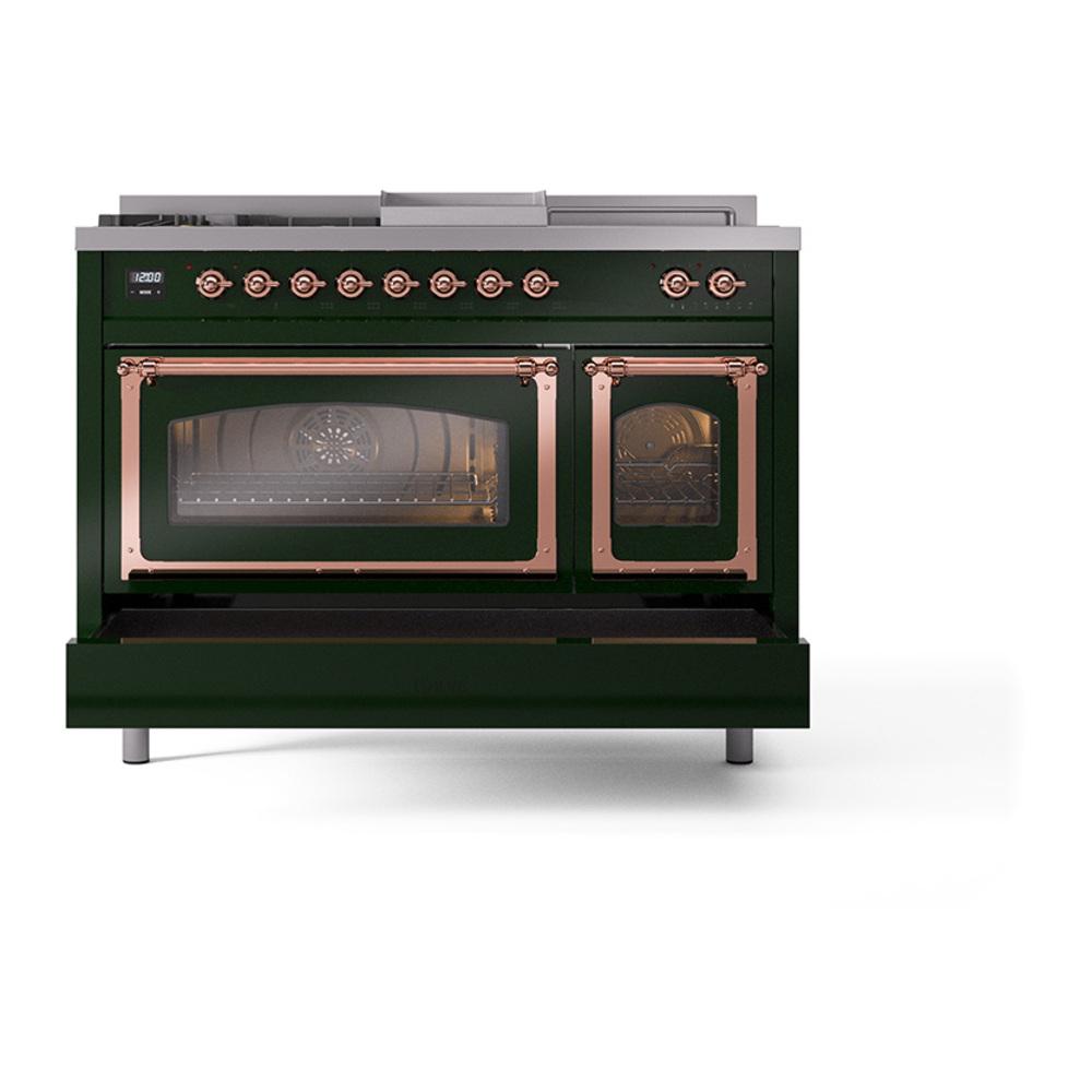 Ilve UN48FSNMPEGP Ilve Un48Fsnmpegp Nostalgie Ii Noblesse 48" Dual Fuel Range (5 Sealed Burners + Griddle + French Top, Natural Gas, Triple Glass Door, Emerald Green, Copper)