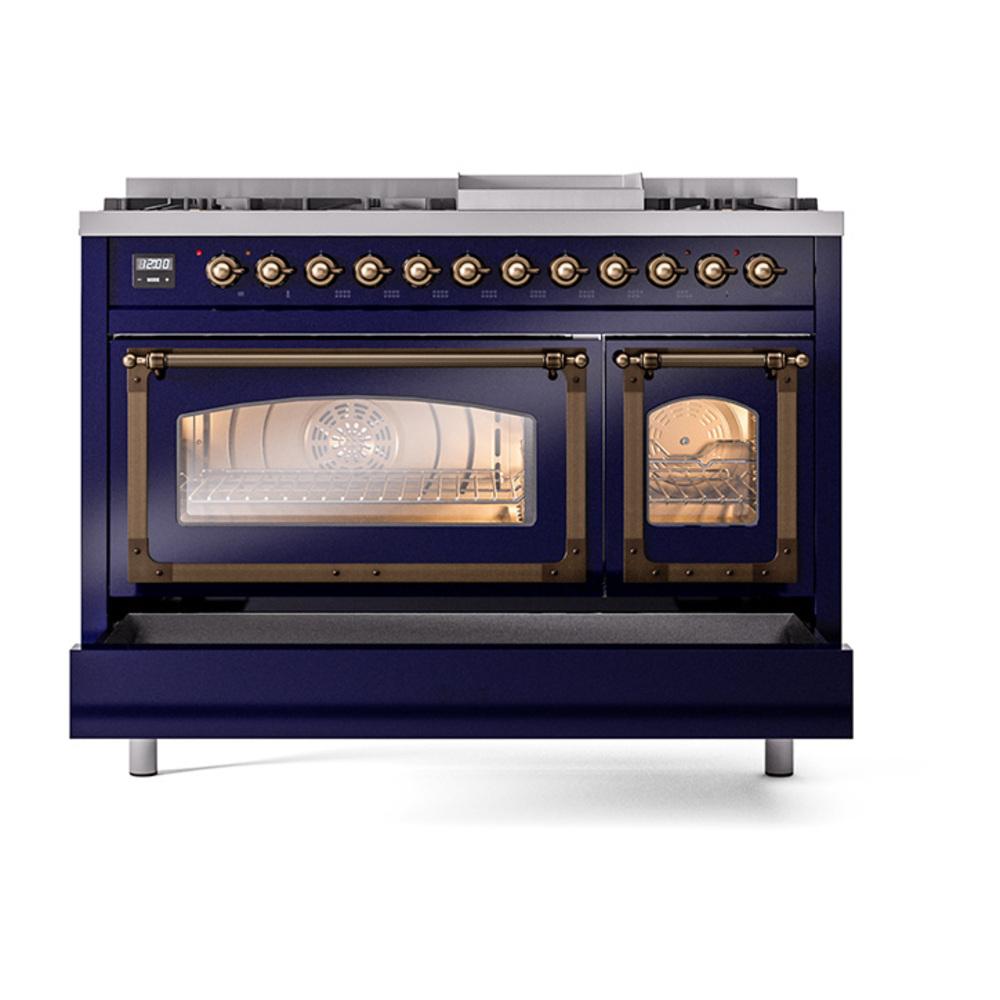 Ilve UN48FNMPMBB Ilve Un48Fnmpmbb Nostalgie Ii Noblesse 48" Dual Fuel Range (8 Sealed Burners + Griddle, Natural Gas, Triple Glass Door, Midnight Blue, Burnished)