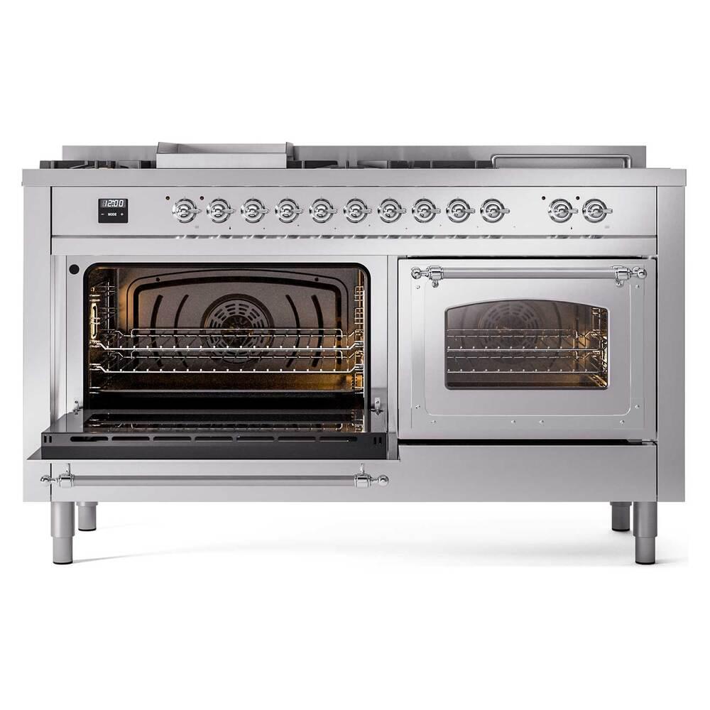 Ilve UN60FSNMPSSC Ilve Un60Fsnmpssc Nostalgie Ii Noblesse 60" Dual Fuel Range (7 Sealed Burners + Griddle + French Top, Natural Gas, Triple Glass Door, Stainless Steel, Chrome)