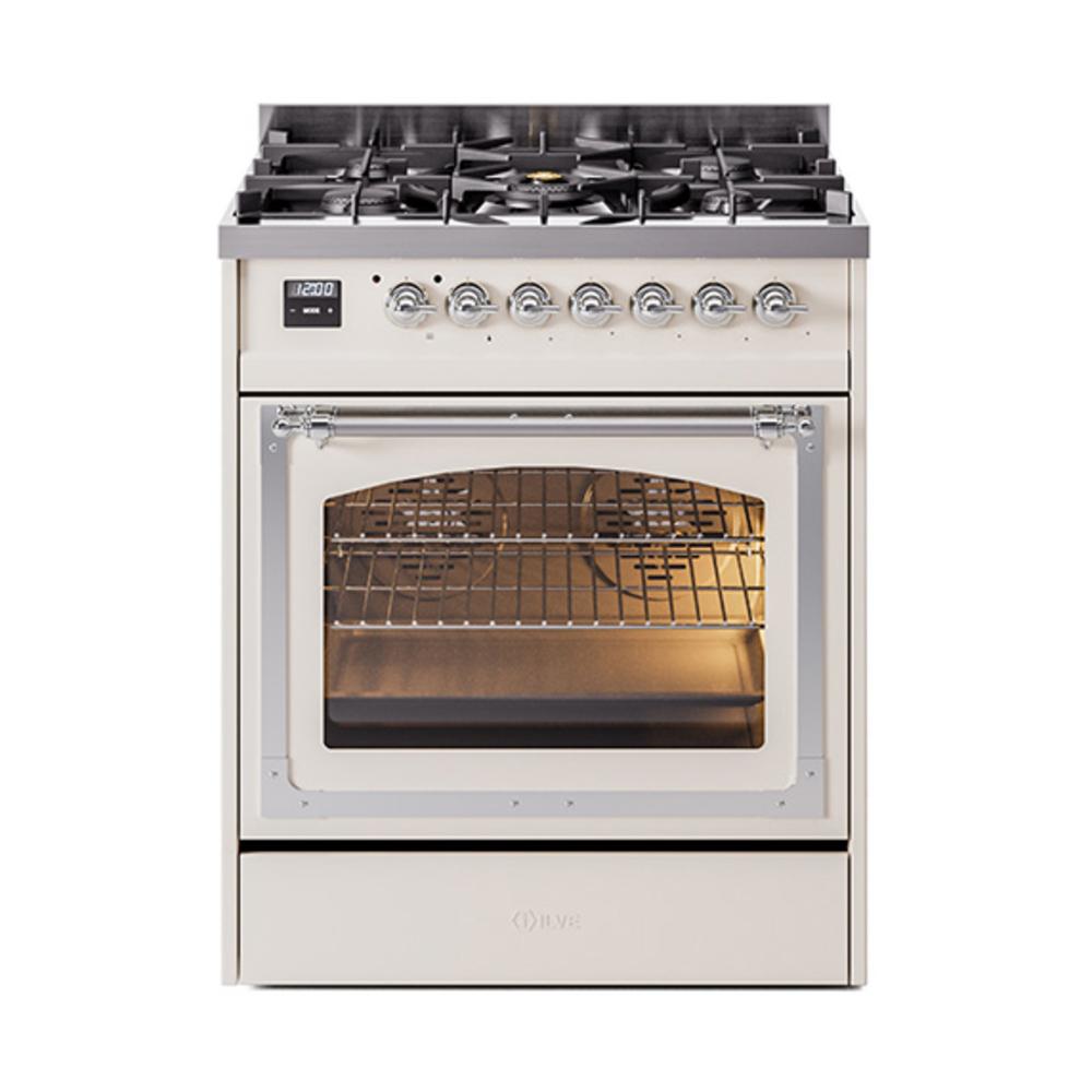 Ilve UN30NMPAWC Ilve Un30Nmpawc Nostalgie Ii Noblesse 30" Dual Fuel Range (Natural Gas, Triple Glass Door, Antique White, Chrome)