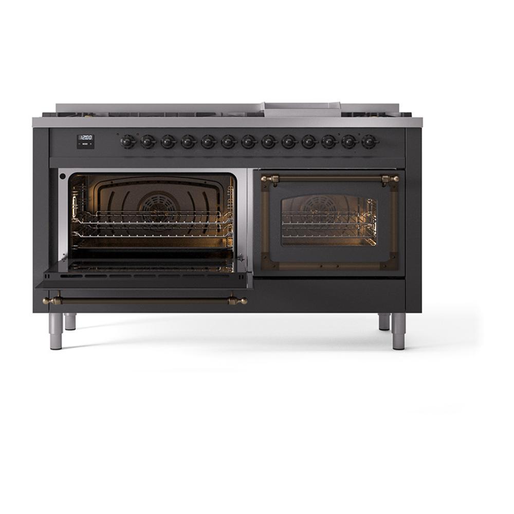 Ilve UN60FNMPMGB Ilve Un60Fnmpmgb Nostalgie Ii Noblesse 60" Dual Fuel Range (9 Sealed Burners + Griddle, Natural Gas, Triple Glass Door, Graphite Matte, Burnished)
