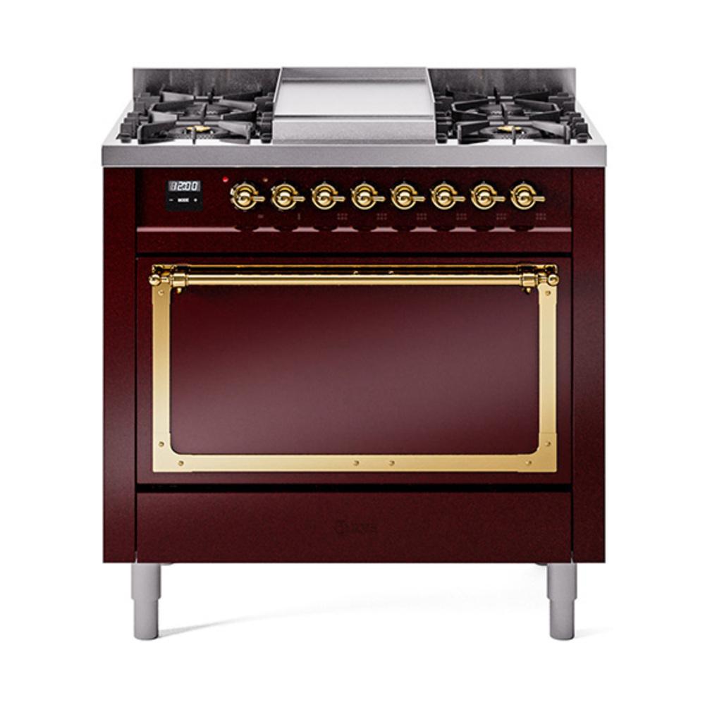 Ilve UN36FQNMPBUG Ilve Un36Fqnmpbug Nostalgie Ii Noblesse 36" Dual Fuel Range (Natural Gas, Solid Door, Burgundy, Brass)