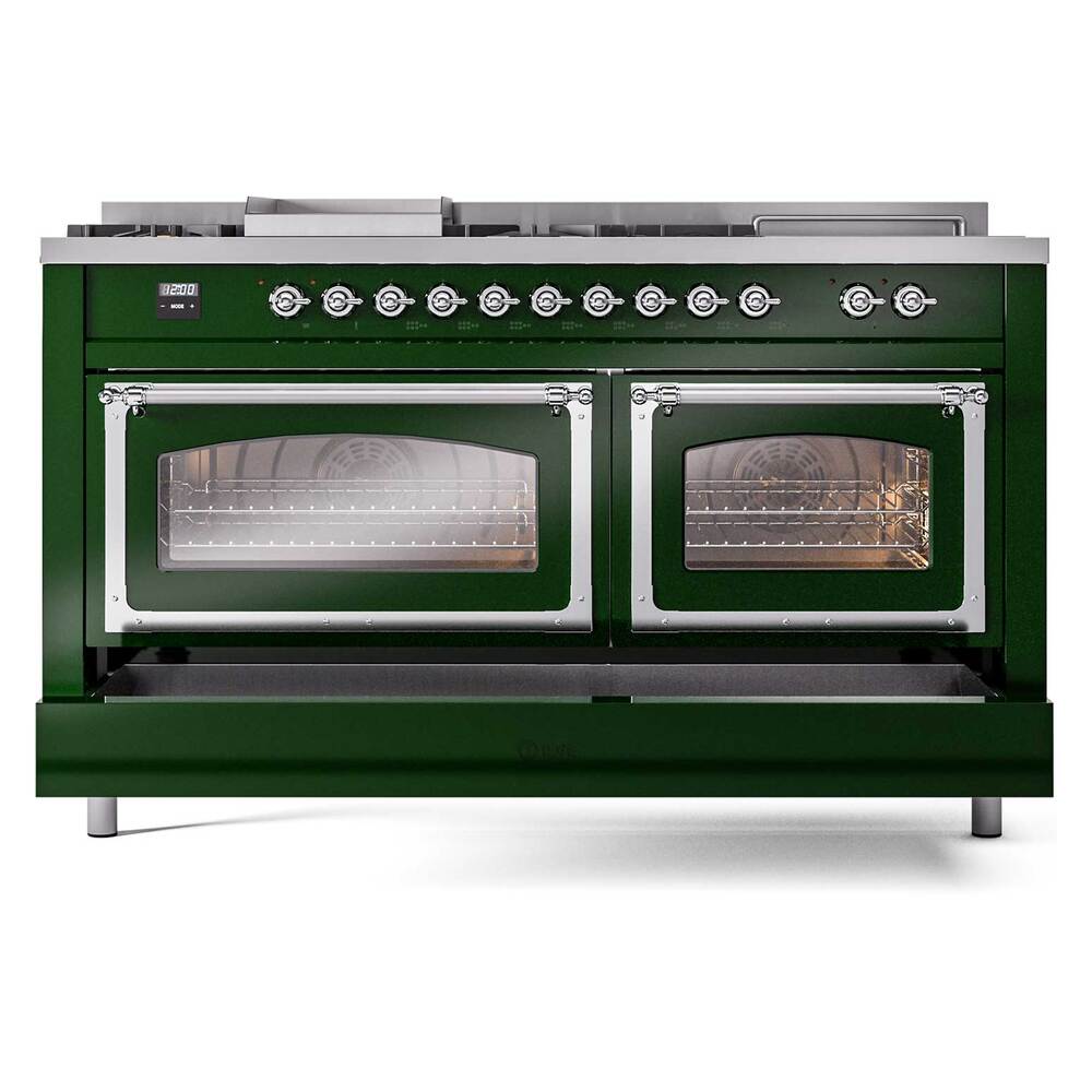 Ilve UN60FSNMPEGC Ilve Un60Fsnmpegc Nostalgie Ii Noblesse 60" Dual Fuel Range (7 Sealed Burners + Griddle + French Top, Natural Gas, Triple Glass Door, Emerald Green, Chrome)