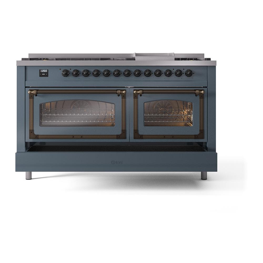 Ilve UN60FNMPBGBLP Ilve Un60Fnmpbgblp Nostalgie Ii Noblesse 60" Dual Fuel Range (9 Sealed Burners + Griddle, Liquid Propane, Triple Glass Door, Blue Grey, Burnished)