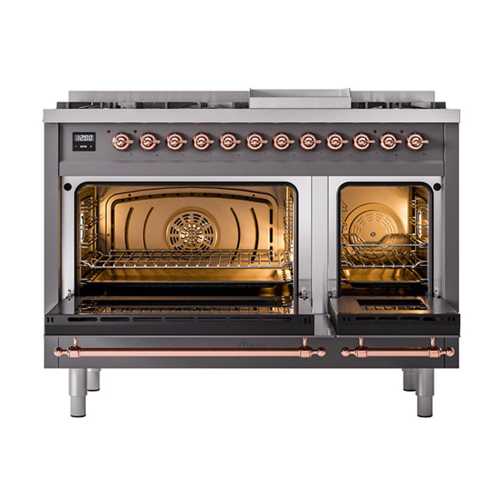 Ilve UN48FQNMPMGP Ilve Un48Fqnmpmgp Nostalgie Ii Noblesse 48" Dual Fuel Range (8 Sealed Burners + Griddle, Natural Gas, Solid Door, Graphite Matte, Copper)