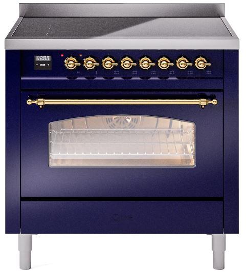 Ilve UPI366NMPMBG Nostalgie Ii 36 Inch Electric Freestanding Range In Blue With Brass Trim