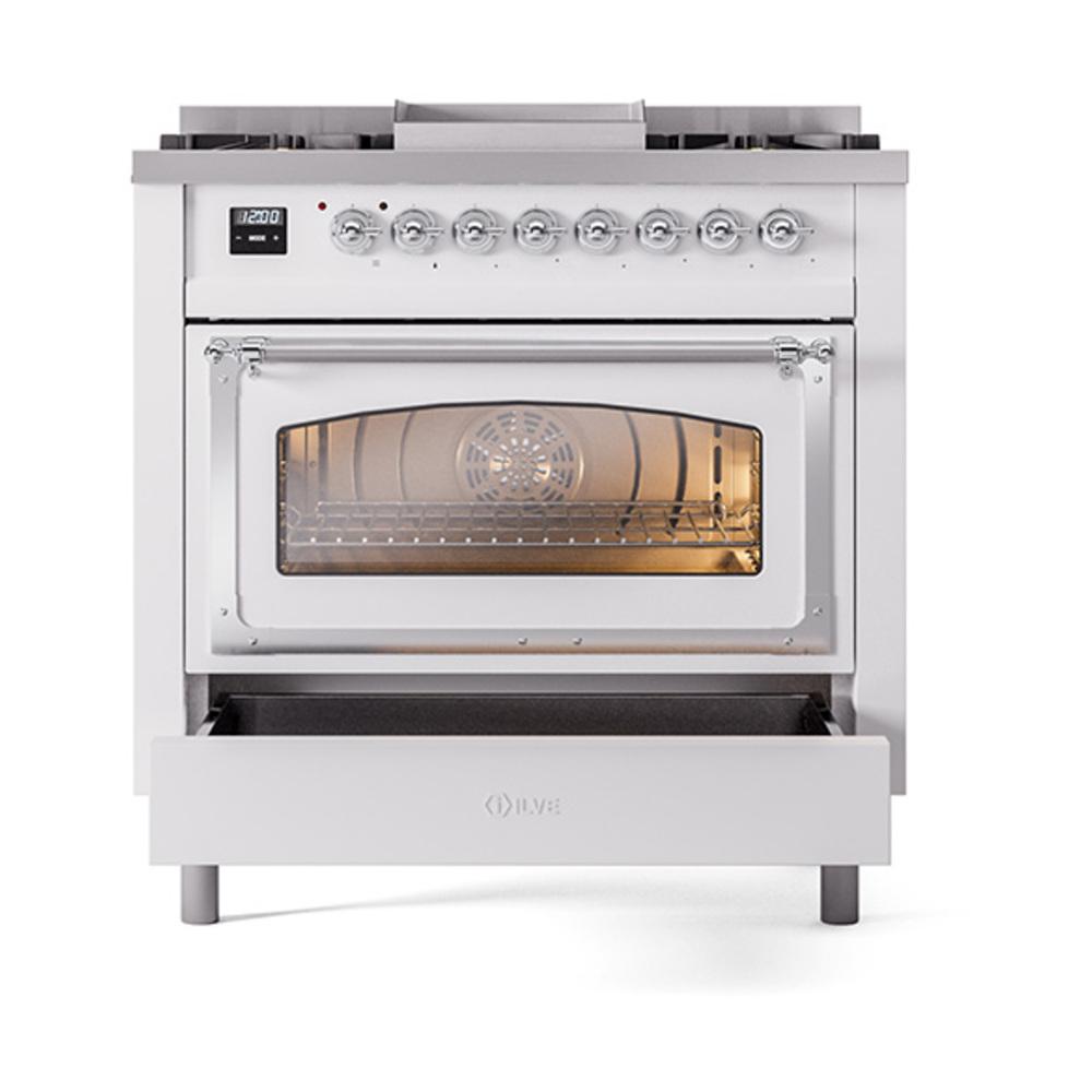 Ilve UN36FNMPWHC Ilve Un36Fnmpwhc Nostalgie Ii Noblesse 36" Dual Fuel Range (Natural Gas, Triple Glass Door, White, Chrome)