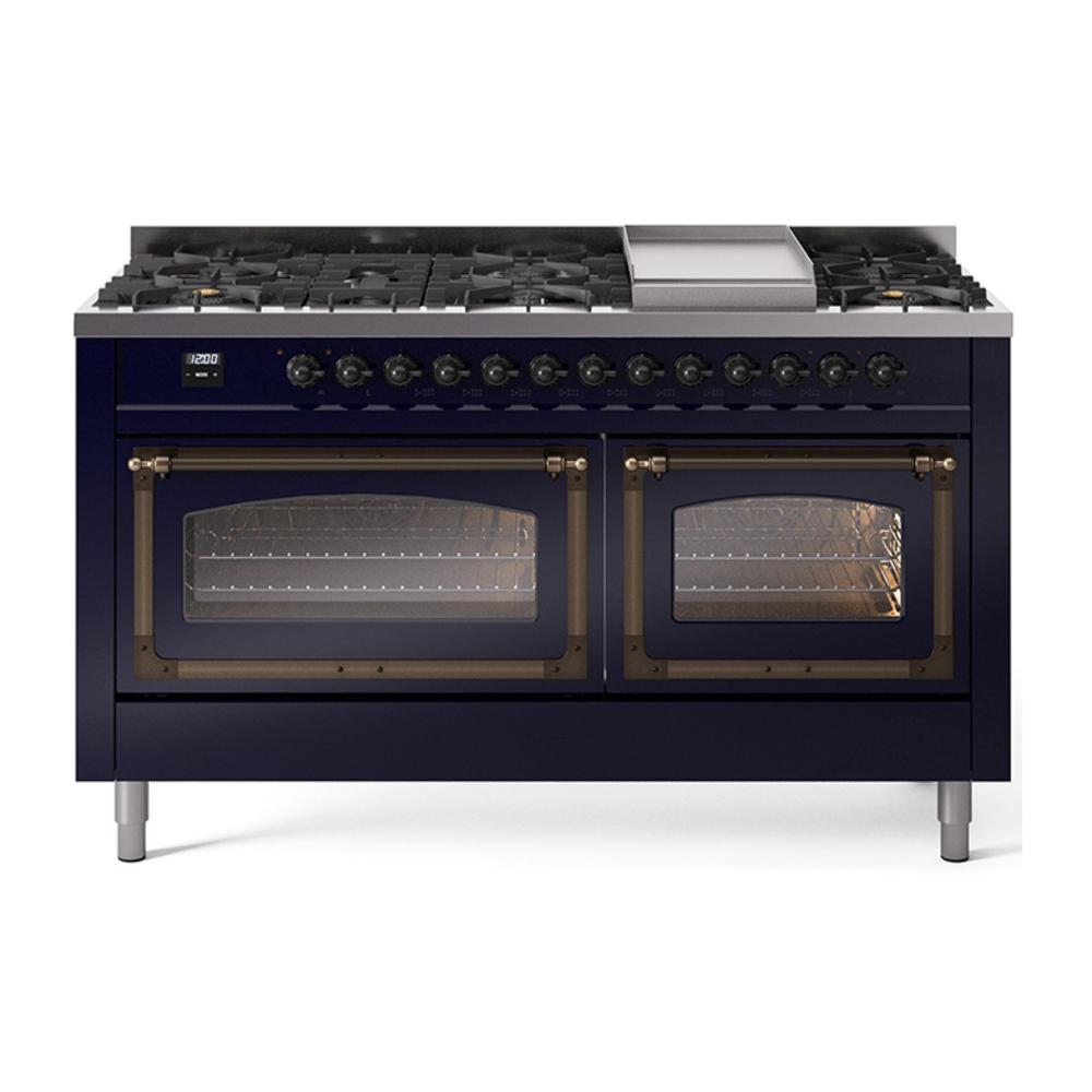 Ilve UN60FNMPMBB Ilve Un60Fnmpmbb Nostalgie Ii Noblesse 60" Dual Fuel Range (9 Sealed Burners + Griddle, Natural Gas, Triple Glass Door, Midnight Blue, Burnished)