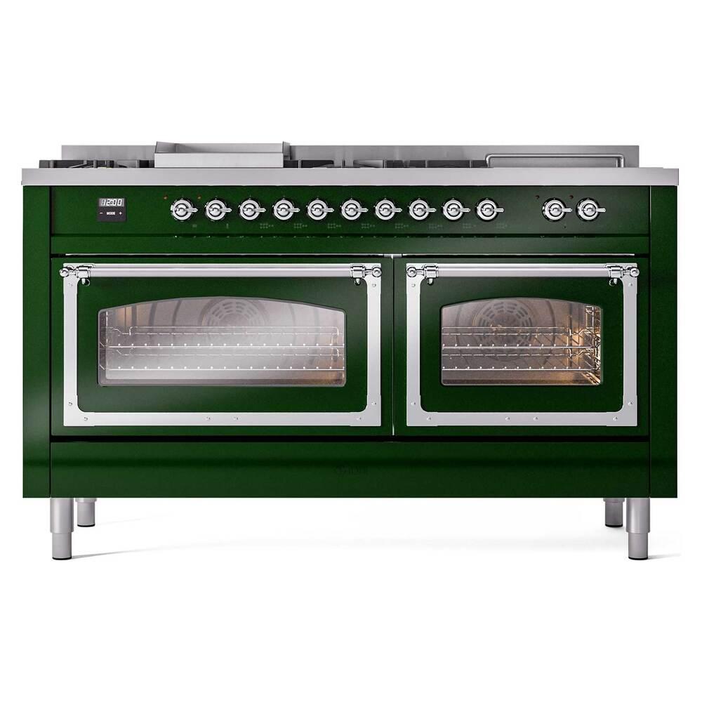 Ilve UN60FSNMPEGC Ilve Un60Fsnmpegc Nostalgie Ii Noblesse 60" Dual Fuel Range (7 Sealed Burners + Griddle + French Top, Natural Gas, Triple Glass Door, Emerald Green, Chrome)