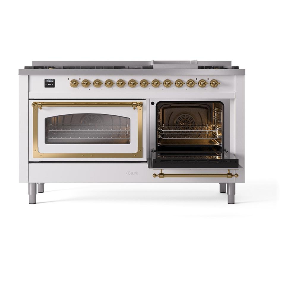 Ilve UN60FNMPWHG Ilve Un60Fnmpwhg Nostalgie Ii Noblesse 60" Dual Fuel Range (9 Sealed Burners + Griddle, Natural Gas, Triple Glass Door, White, Brass)