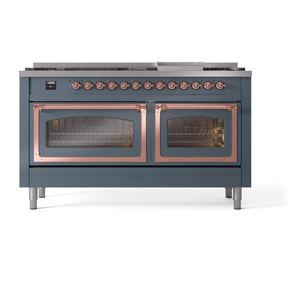 Ilve UN60FNMPBGP Ilve Un60Fnmpbgp Nostalgie Ii Noblesse 60" Dual Fuel Range (9 Sealed Burners + Griddle, Natural Gas, Triple Glass Door, Blue Grey, Copper)
