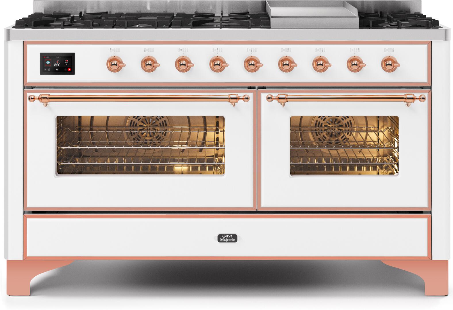 Ilve UM15FDNS3WHP Majestic Ii 60 Inch Dual Fuel Natural Gas Freestanding Range In White With Copper Trim