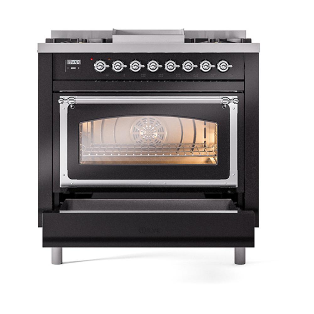 Ilve UN36FNMPBKCLP Ilve Un36Fnmpbkclp Nostalgie Ii Noblesse 36" Dual Fuel Range (Liquid Propane, Triple Glass Door, Glossy Black, Chrome)