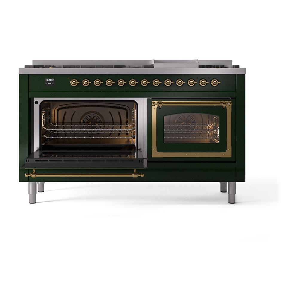 Ilve UN60FNMPEGGLP Ilve Un60Fnmpegglp Nostalgie Ii Noblesse 60" Dual Fuel Range (9 Sealed Burners + Griddle, Liquid Propane, Triple Glass Door, Emerald Green, Brass)