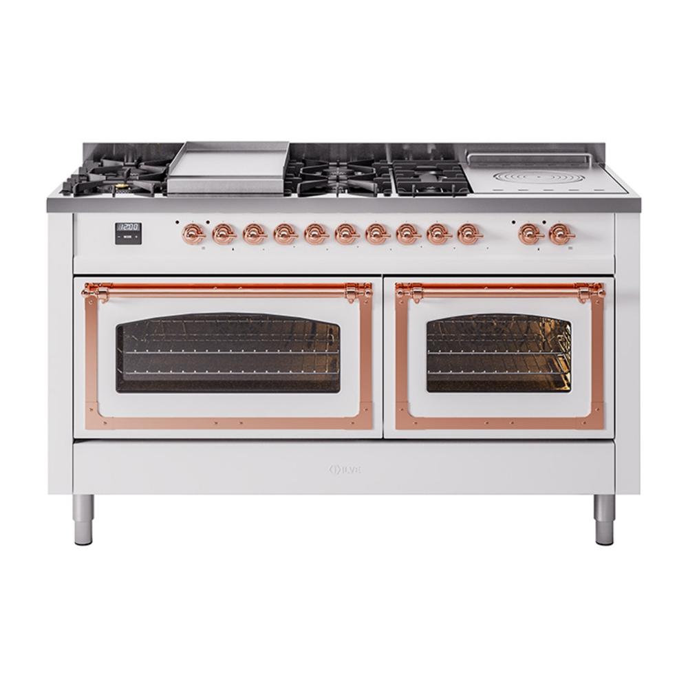 Ilve UN60FSNMPWHPLP Ilve Un60Fsnmpwhplp Nostalgie Ii Noblesse 60" Dual Fuel Range (7 Sealed Burners + Griddle + French Top, Liquid Propane, Triple Glass Door, White, Copper)