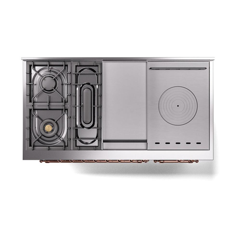 Ilve UN48FSQNMPBGP Ilve Un48Fsqnmpbgp Nostalgie Ii Noblesse 48" Dual Fuel Range (5 Sealed Burners + Griddle + French Top, Natural Gas, Solid Door, Blue Grey, Copper)
