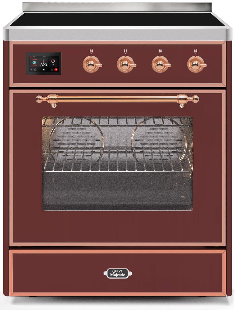 Ilve UMI30NE3BUP Majestic Ii 30 Inch Electric Freestanding Range In Burgundy With Copper Trim