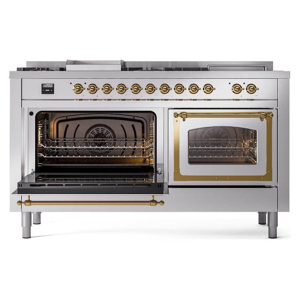 Ilve UN60FSNMPRAG Ilve Un60Fsnmprag Nostalgie Ii Noblesse 60" Dual Fuel Range (7 Sealed Burners + Griddle + French Top, Natural Gas, Triple Glass Door, Ral, Brass)