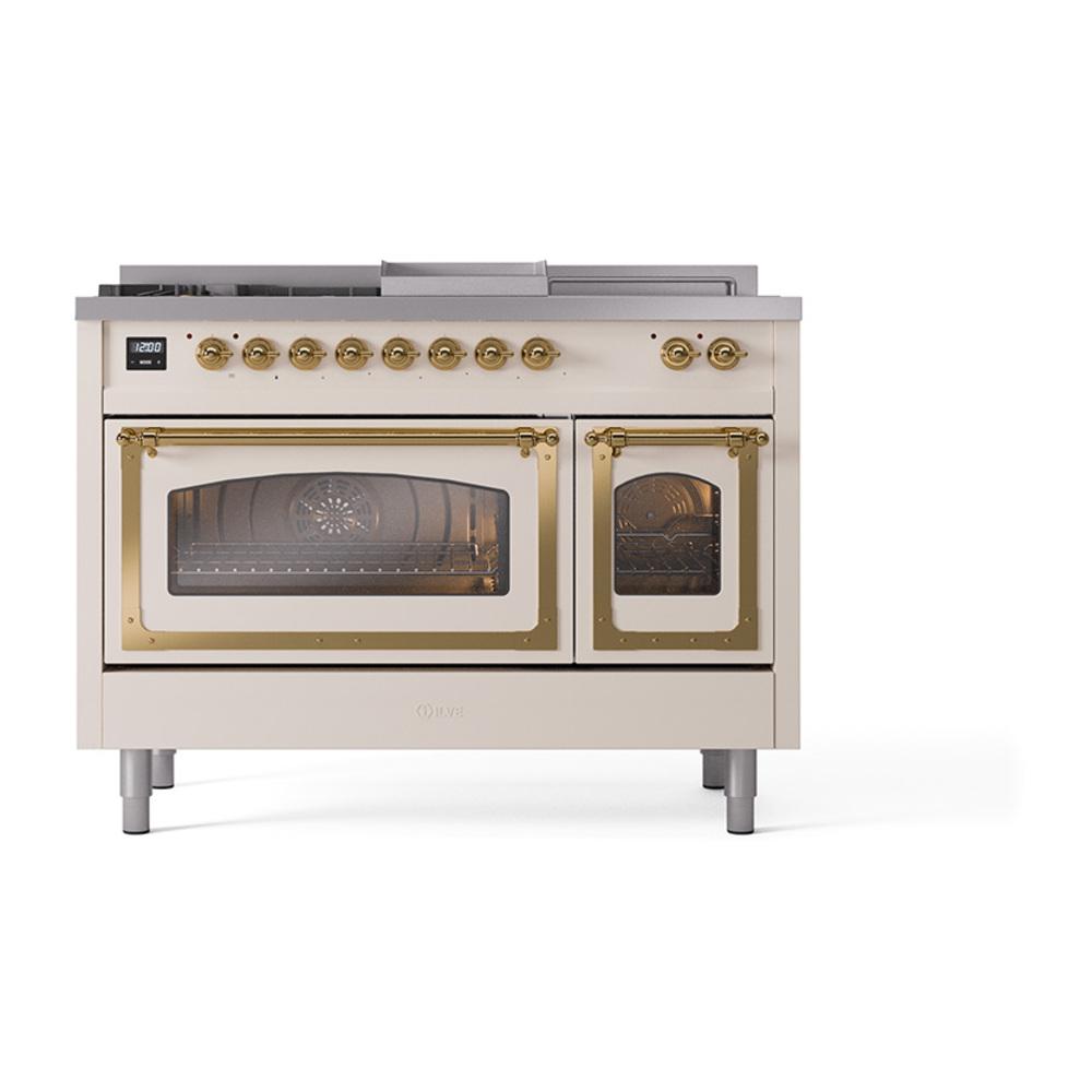 Ilve UN48FSNMPAWGLP Ilve Un48Fsnmpawglp Nostalgie Ii Noblesse 48" Dual Fuel Range (5 Sealed Burners + Griddle + French Top, Liquid Propane, Triple Glass Door, Antique White, Brass)