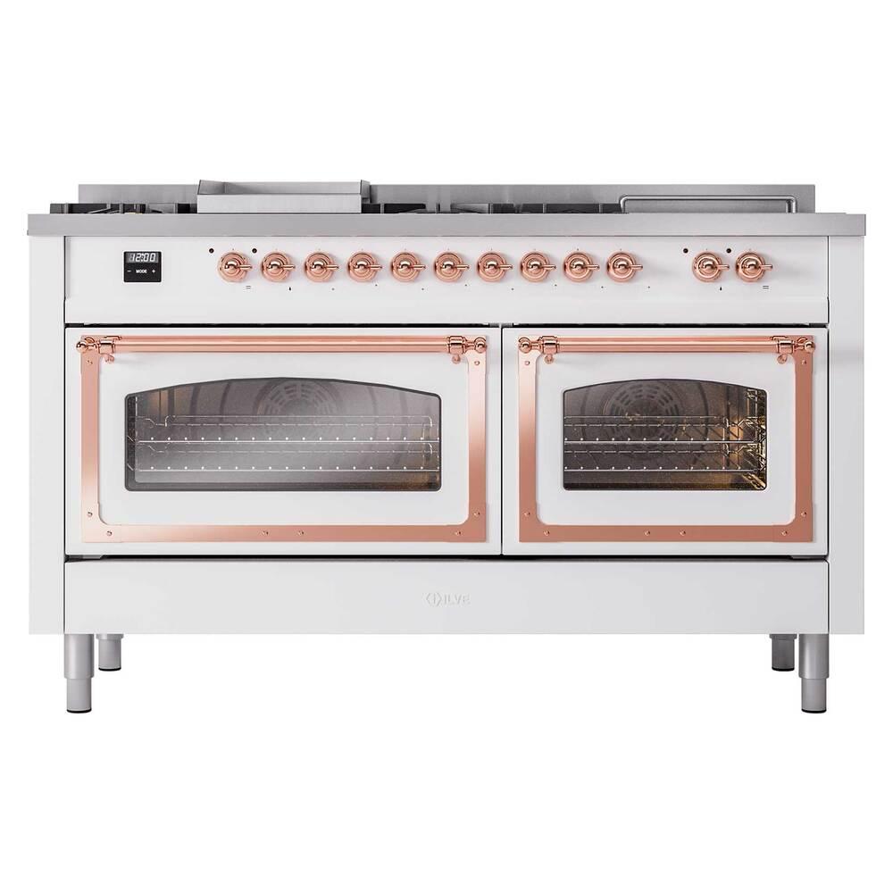 Ilve UN60FSNMPWHPLP Ilve Un60Fsnmpwhplp Nostalgie Ii Noblesse 60" Dual Fuel Range (7 Sealed Burners + Griddle + French Top, Liquid Propane, Triple Glass Door, White, Copper)
