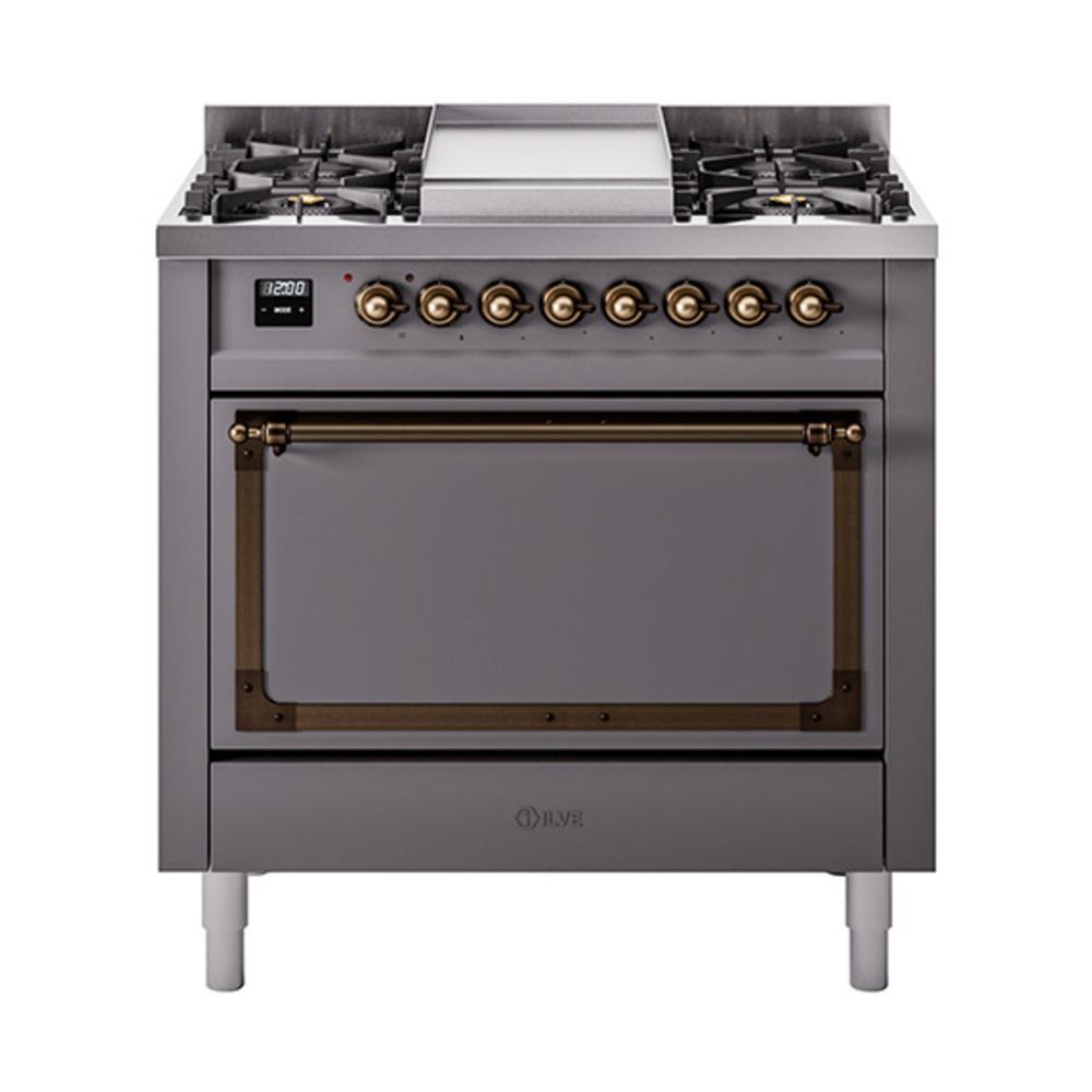 Ilve UN36FQNMPMGBLP Ilve Un36Fqnmpmgblp Nostalgie Ii Noblesse 36" Dual Fuel Range (Liquid Propane, Solid Door, Graphite Matte, Burnished)