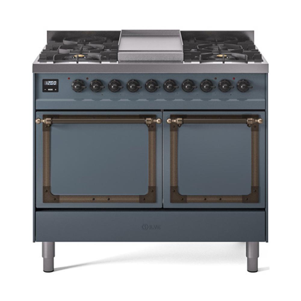 Ilve UND40FQNMPBGBLP Ilve Und40Fqnmpbgblp Nostalgie Ii Noblesse 40" Dual Fuel Range (Liquid Propane, Solid Door, Blue Grey, Burnished)