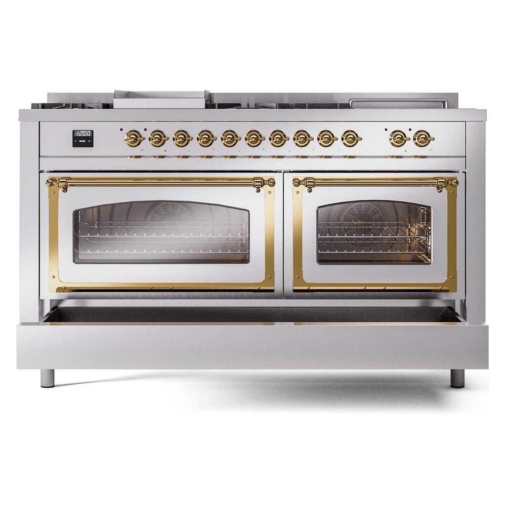 Ilve UN60FSNMPSSG Ilve Un60Fsnmpssg Nostalgie Ii Noblesse 60" Dual Fuel Range (7 Sealed Burners + Griddle + French Top, Natural Gas, Triple Glass Door, Stainless Steel, Brass)